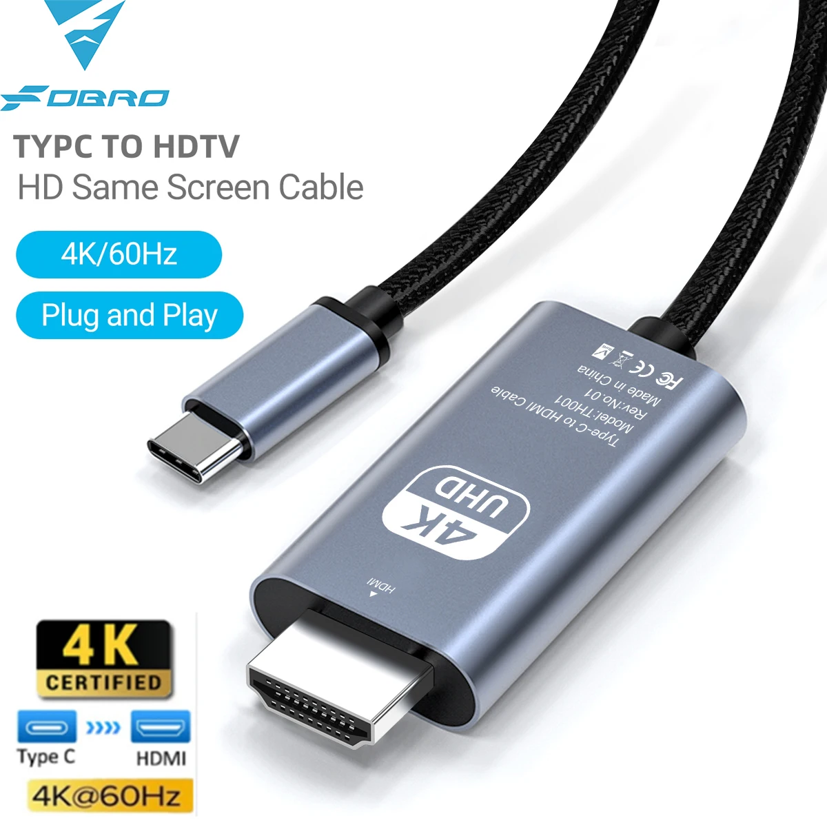 TV 컨버터 맥북 에어 아이패드용 USB-C 어댑터 케이블, C타입 HDMI 케이블, USB C에서 HDMI 호환 HDTV 케이블, 4K @ 60Hz, 120Hz