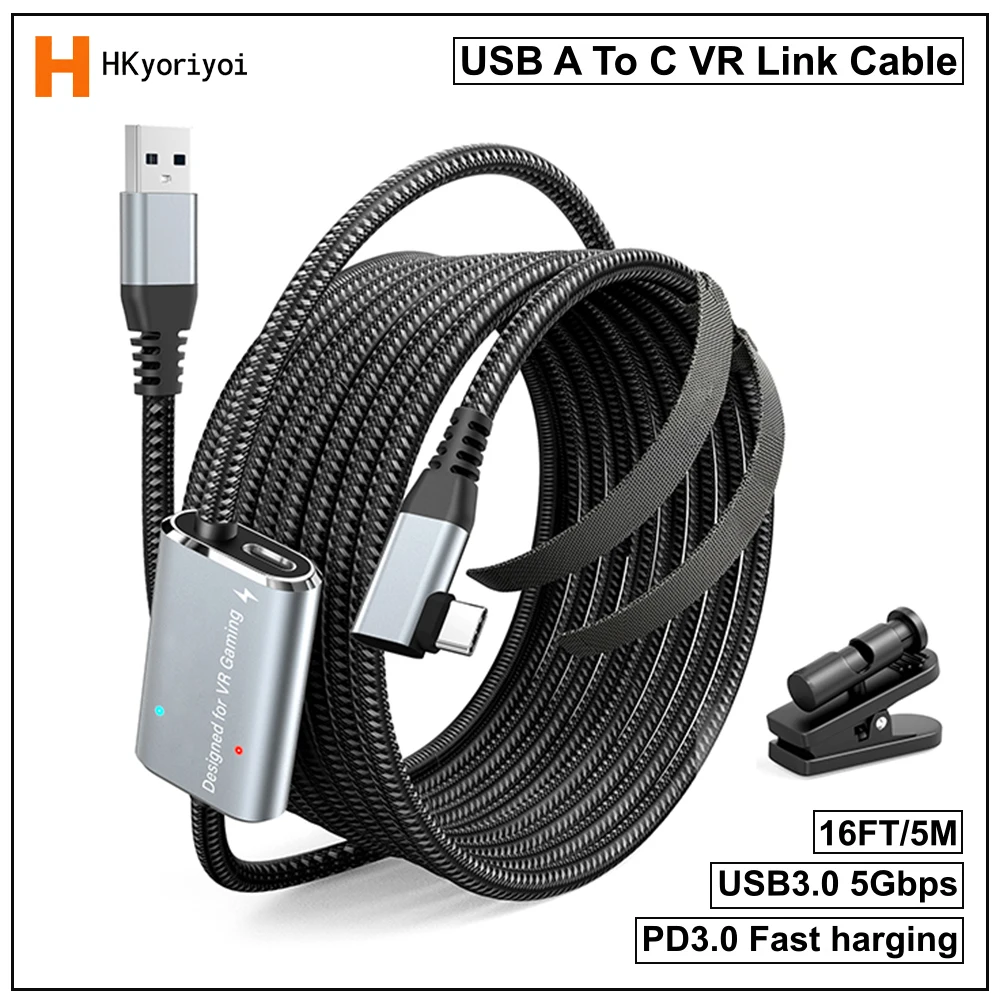 5m VR Link Cable Data 5Gbps For Meta Quest 3/2/Pro Pico 4 Steam VR PC PD3.0 Fast Charging USB 3.0 to Type C Cable With Clip