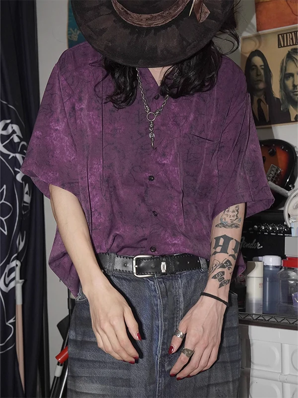 

Рубашка свободного кроя с кубинским воротником и эффектом тай-дай, унисекс, летняя повседневная, с коротким рукавом, большие размеры, 300 Pou