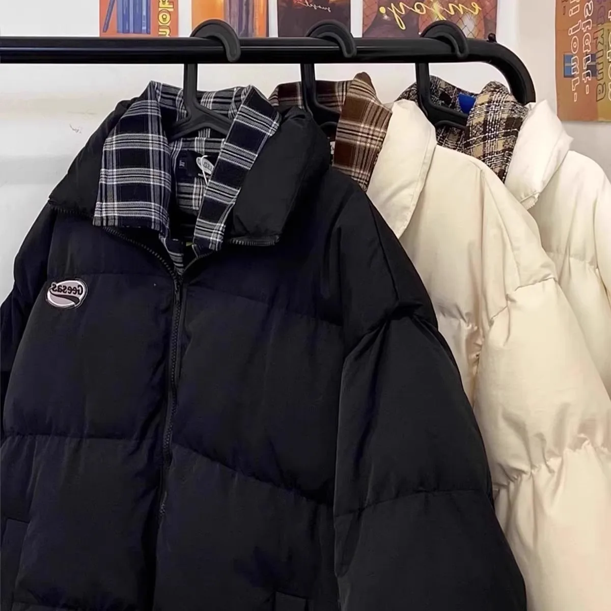 

Thiened Cotton Jaet Loose Bread Sle Collar Men's Autumn Winter Outerwear American Splicing Plaid Casual Youth Faion