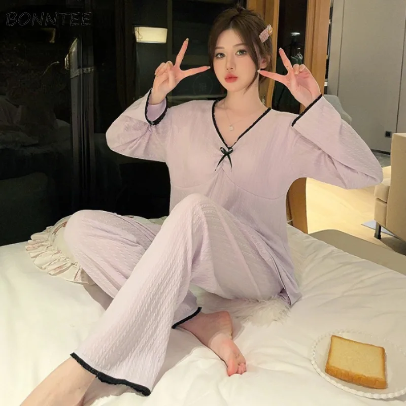 

Panalled Pajama Sets Women Spring Autumn Sleepwear Bow Design Home Tender Ulzzang Fashion Soft All-match College Girls Dormitory