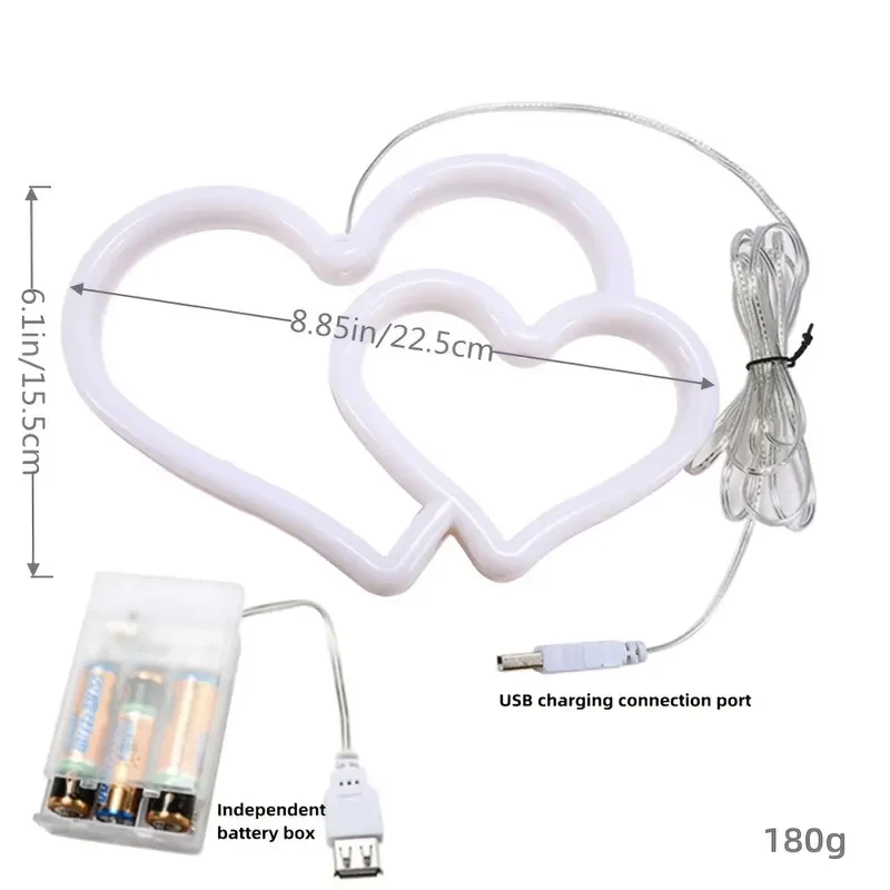 LED Neon Double Heart Shape Night Light Creative Bedroom Decoration Light, Double Sided Lighting Mini Colorful Light