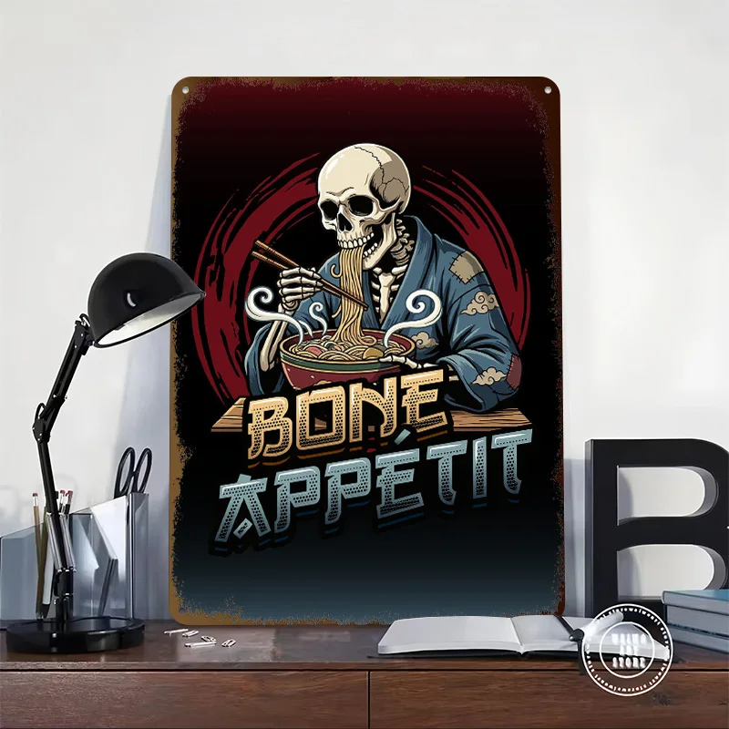 Bone Appetit Ramen Noodles Skeleton Printing Poster Customized Retro Wall Art Vintage Metal Signs for Room Bathroom Decor House