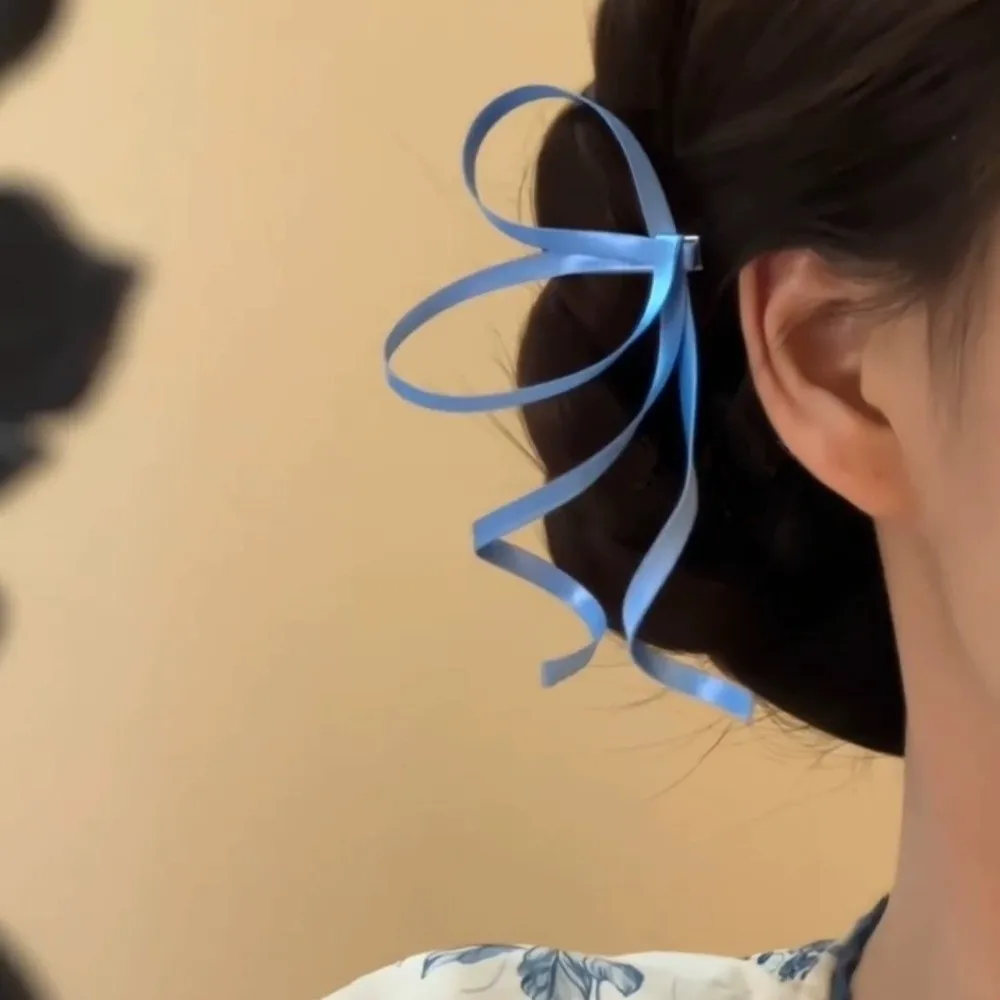 1 Pair 3D Satin Ribbon Bow Barrettes Flowing Flowery Chinese Bow Hairpins Silky Exquisite Side Hair Clip Stylist