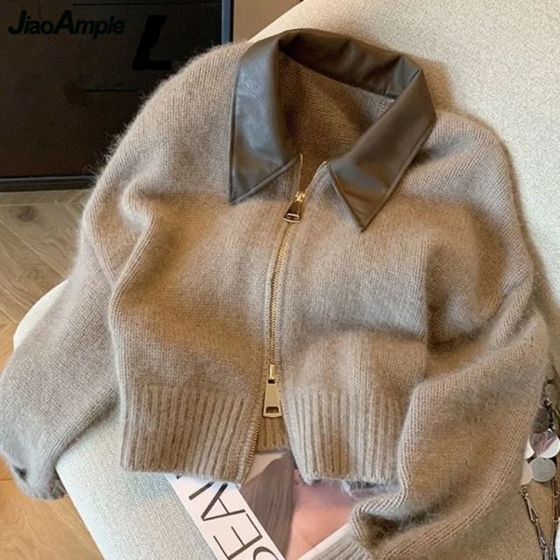 Women Knit Patchwork Leather Collar Coats Autumn Winter Zipper Sweater Cardigan 2023 Korean Chic Short Jackets Knitwear Female