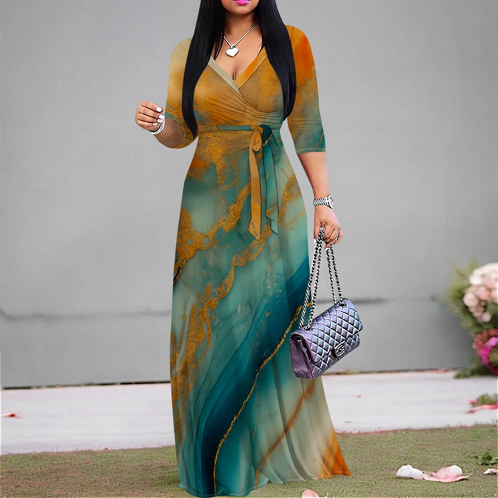 

Marble Print Wrap Maxi Dress S-3XL V-Neck Tie Waist Half Sleeve Elegant Style for Summer Wedding & Vacation