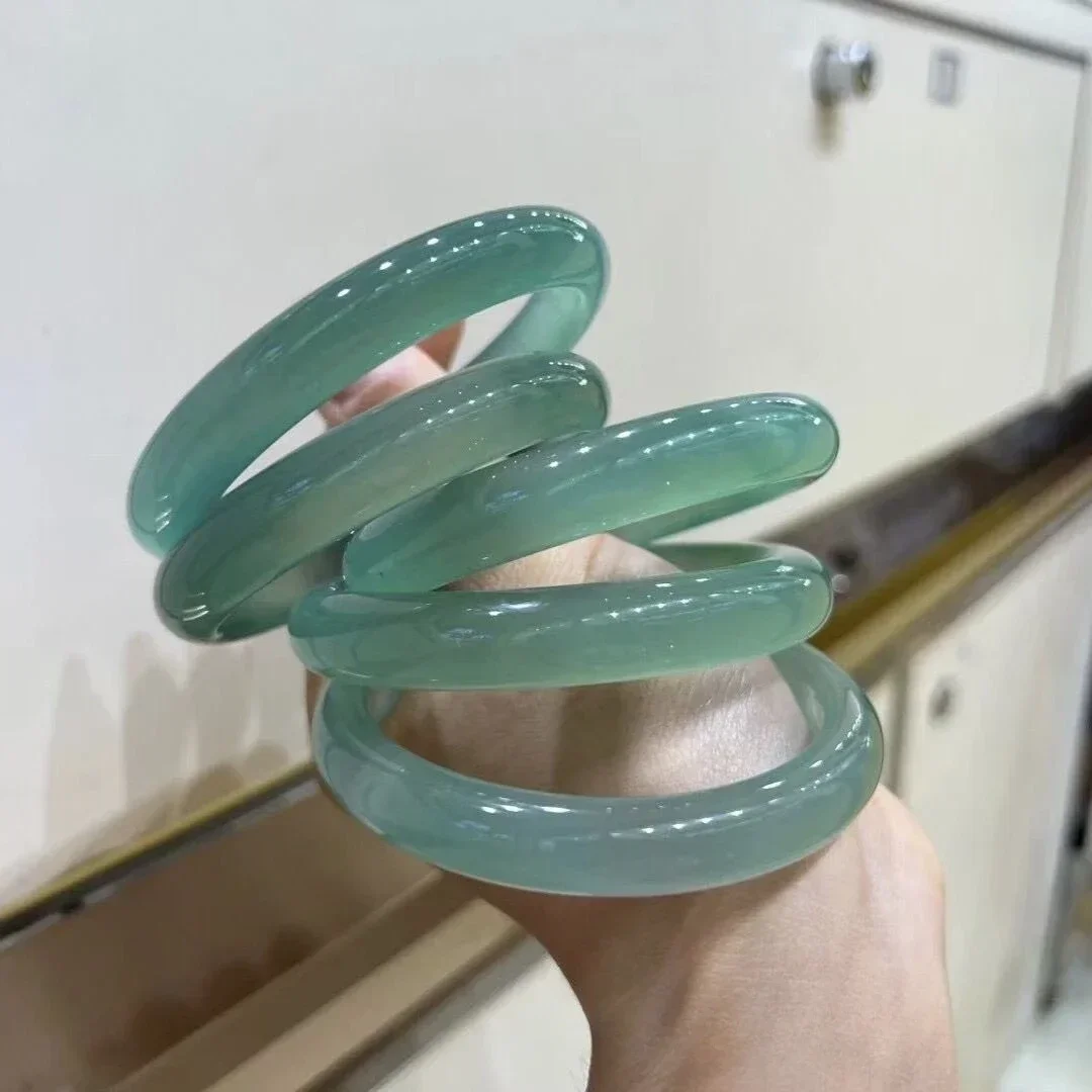 

Vintage Jade Chalcedony Natural Cyan Bracelet Women's Agate Bangle Simple Basic Advanced Jewelry Cheongsam Daily Wear Gift