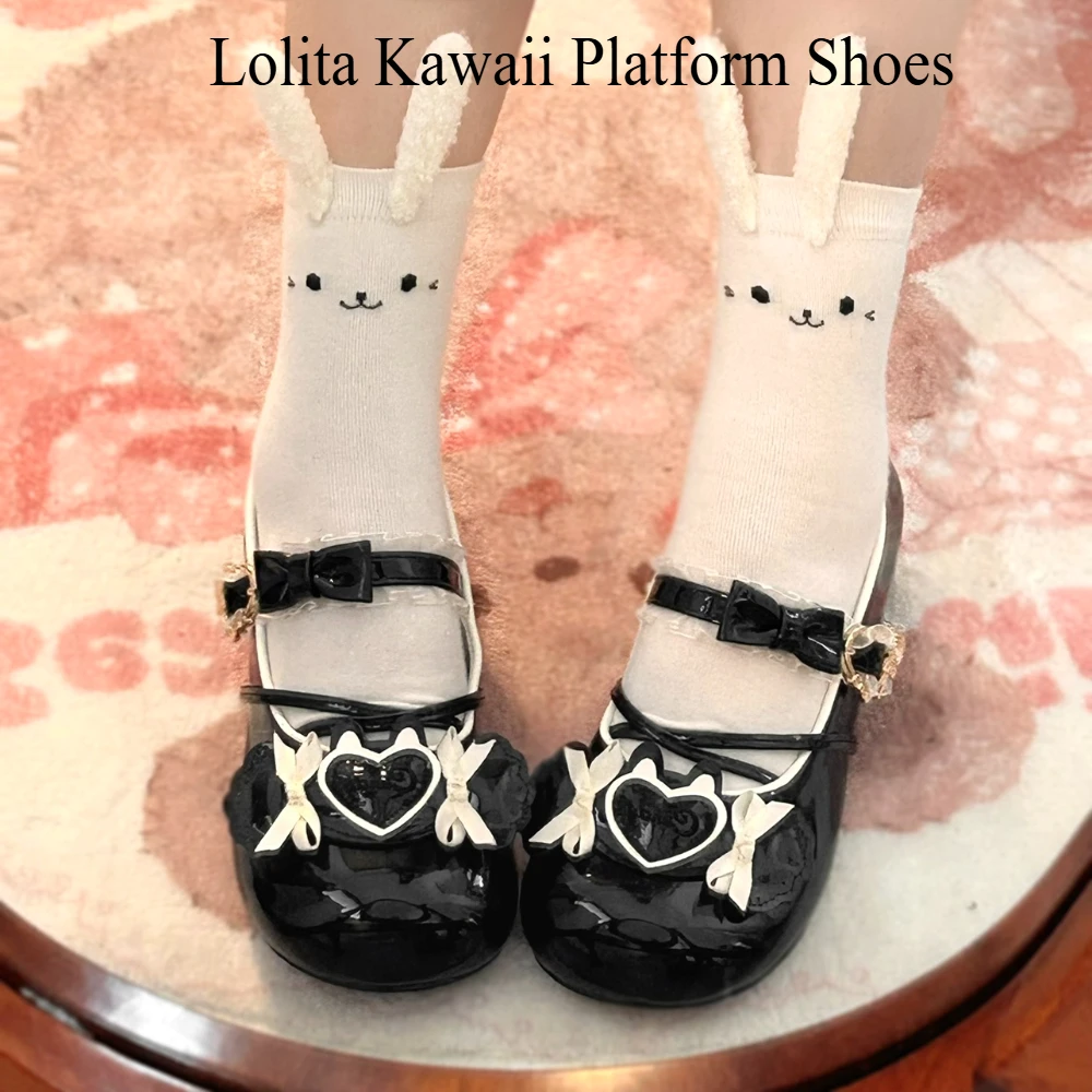 لوليتا Kawaii أحذية منصة كعب منخفض الصيف الجلود الكعوب الأقواس عادية لطيف مأدبة أنيقة المرأة كعب مضخات