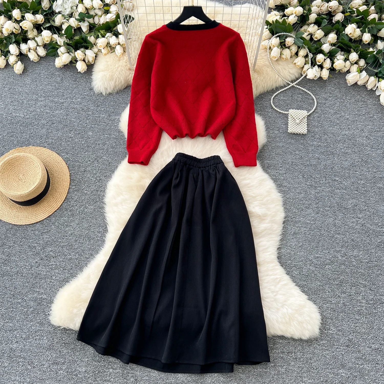 Chic Women Two-Piece Sets Vintage O-neck Single Breasted Butterfly Knit Top High Waist Skirt Korean Winter High Street Clothing