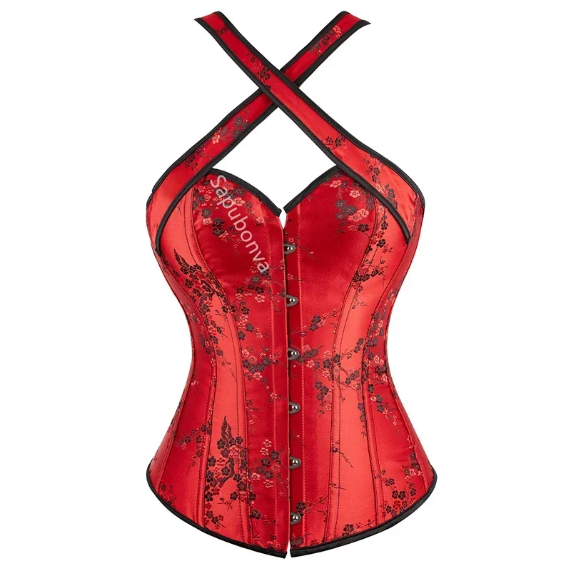 Corset Top Busier Halter Strap Plus Size Embroidery Flower Lace UP Overbust Burlesque Costume Sexy Lingerie Women Red Black F