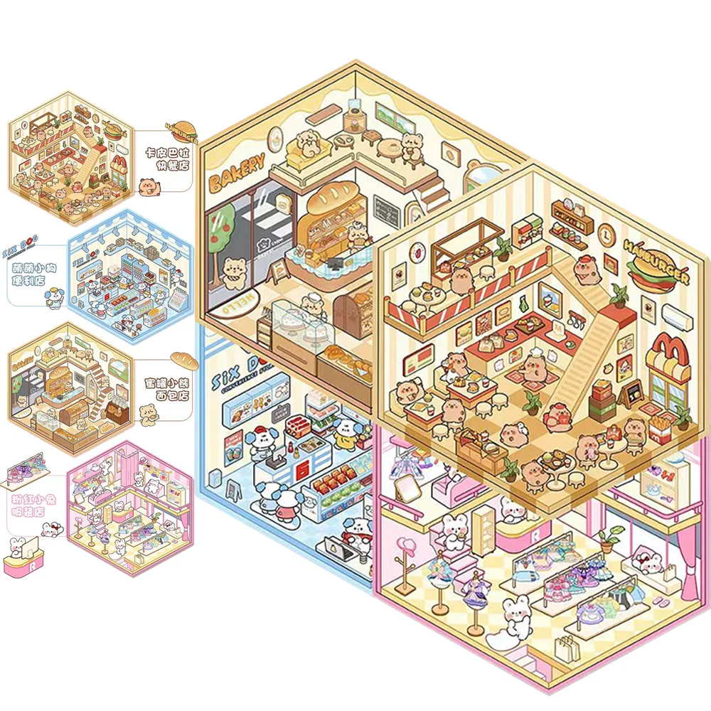 1-6Pcs Christmas Style Cartoon DIY 3D Landscape Stickers Pocket Cabin Scene Stacking Pasting Festival Birthday Gift for Child