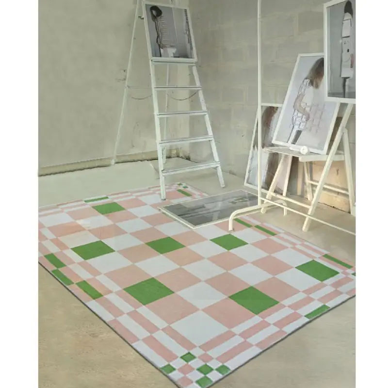 Pink Green Checkered Area Rugs, Nonslip Washable Carpet, Bedroom Living Room Soft Rugs Faux Wool Carpet Indoor/Outdoor Rug