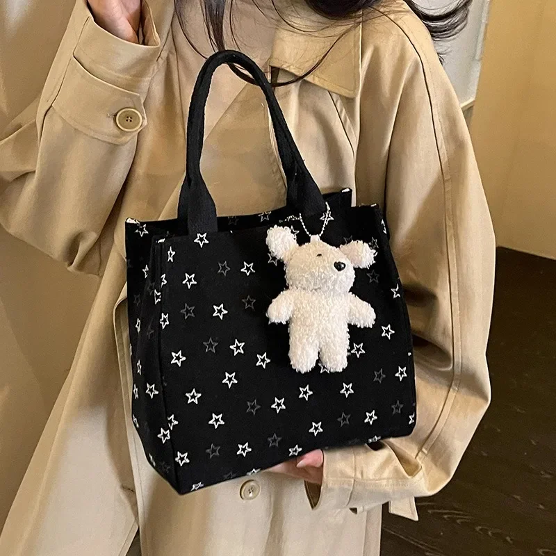 Ins Style Cute Star Canvas Handbag with Plush Teddy Bear Pendant,cute Handbag,casual Portable Bento Bag, Suitable for Daily Work