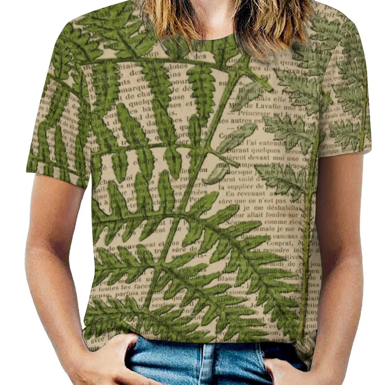 Vintage Foliage Hipster Botanical Print Fern Leaves Fashion Print Women Ladies Girls T-Shirt Harajuku Round Neck Short Sleeve