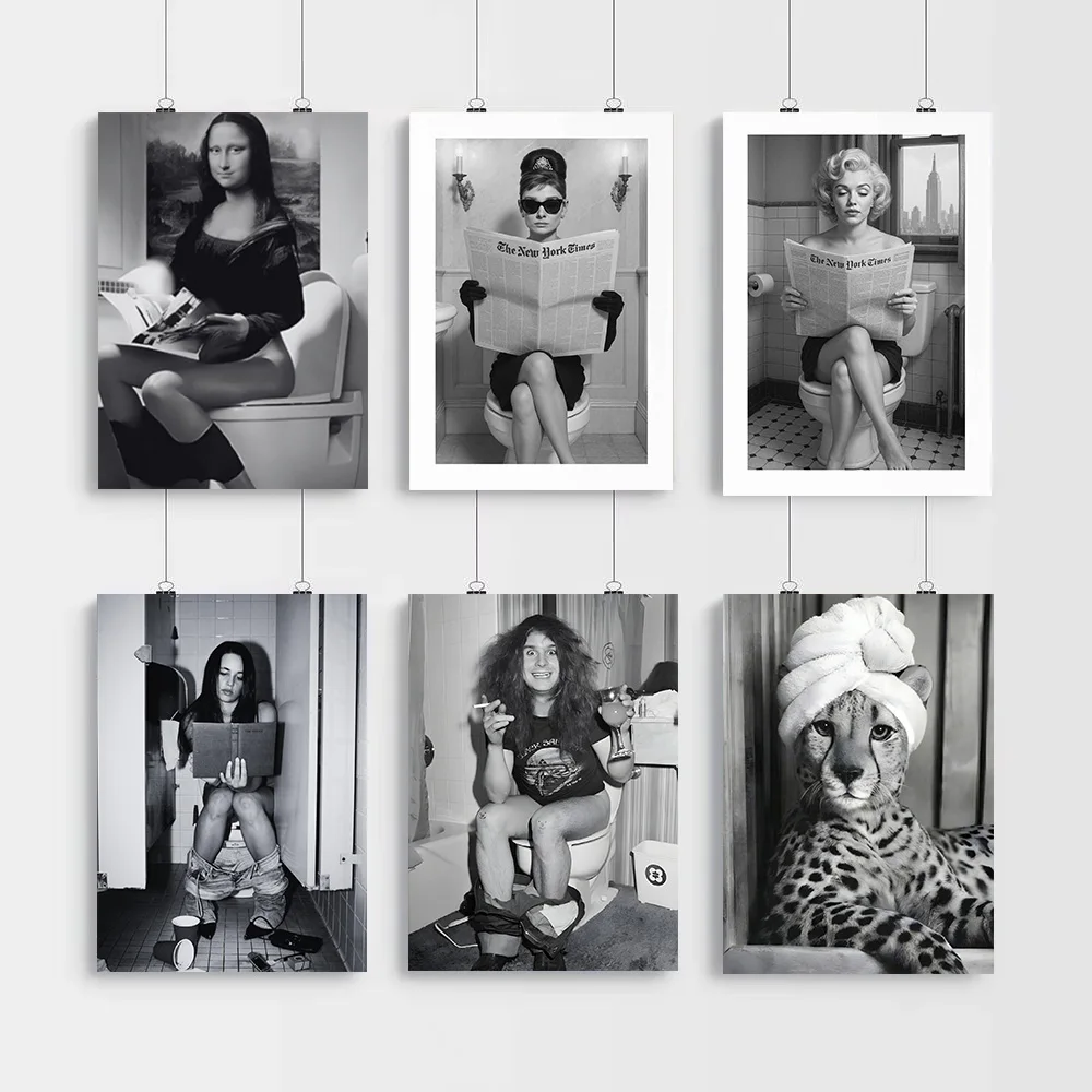 Vintage Black White Sexy Woman Reading  Leopard Bath Towel Bathroom Funny Toilet Art Poster Print Canvas Painting Home Decor