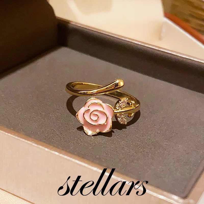 

"Smell the Rose" Vintage Enamel Pink Rose Ring - Woodland Style Open Adjustable Index Finger Ring Elegant Floral Jewelry