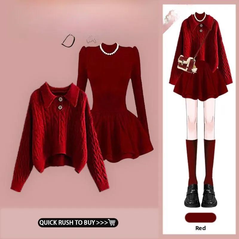

Red ort Knitted Sweater Women's Autumn Winter Loose Soft Twist Knitwear Waist Cinched Dr Set Long Sve Faion Ensemble