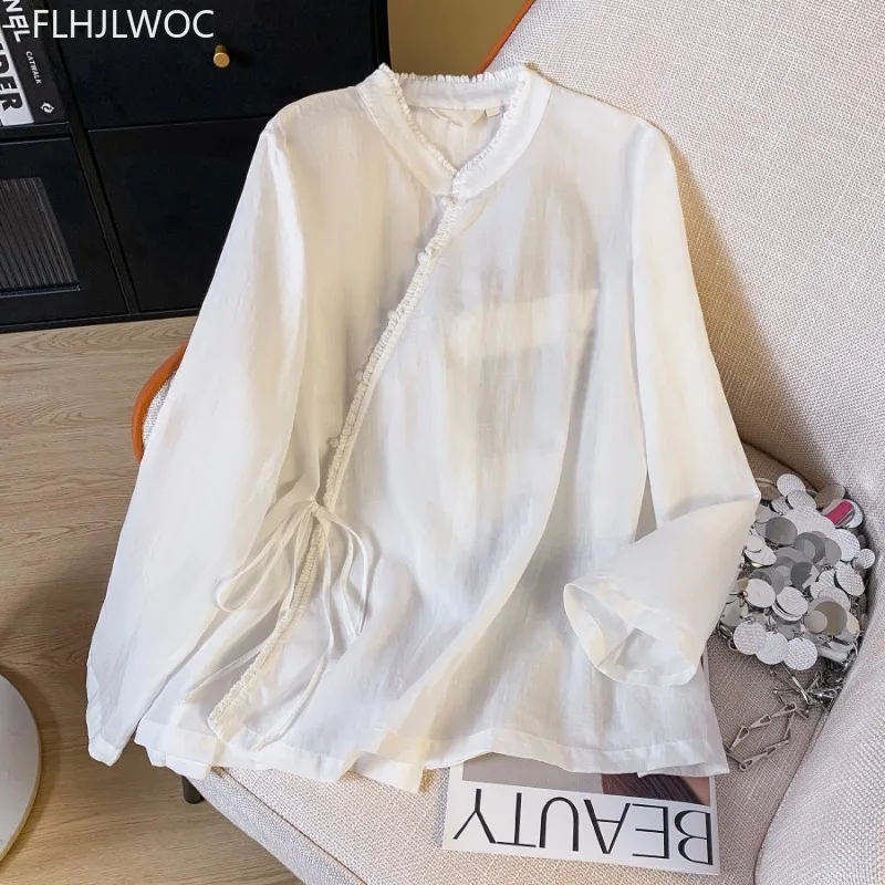 Blusa curta de linho de algodão, aldeia rústica, estilo chinês, fofa, fina, transparente, retrô, vintage, botão superior, camisas brancas