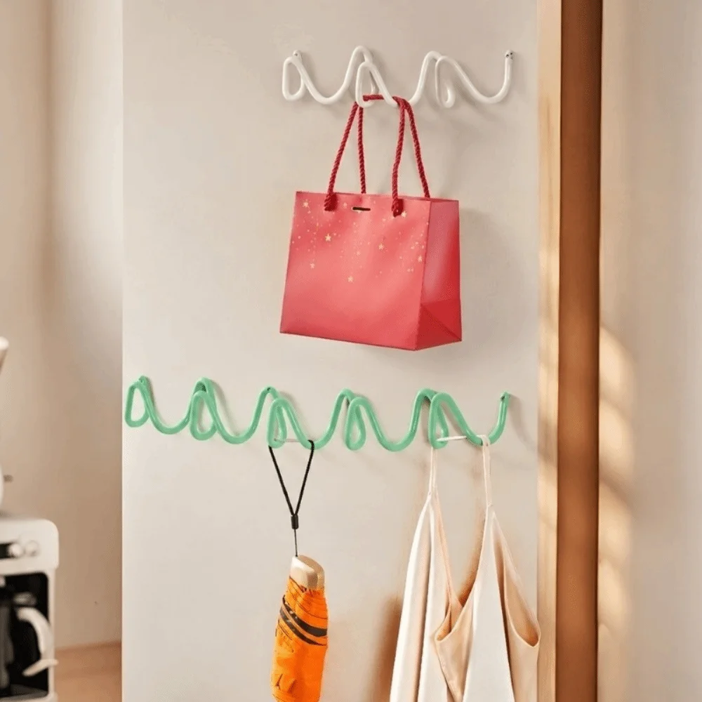 3/4/5 Hooks Metal Wall Hook Wavy Shape Waterproof Sundries Storage Holder Space Saving Creative Background Decorative Hook