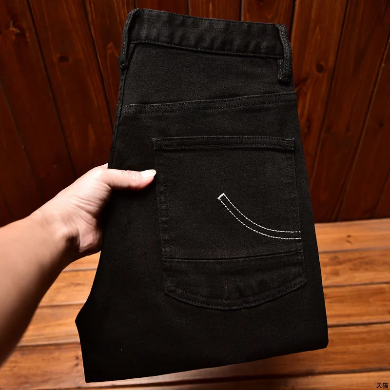 

Black Slim Fit Men's Jeans Trendy Street Motorcycle Style Fashion Zipper Design Denim Long Pants