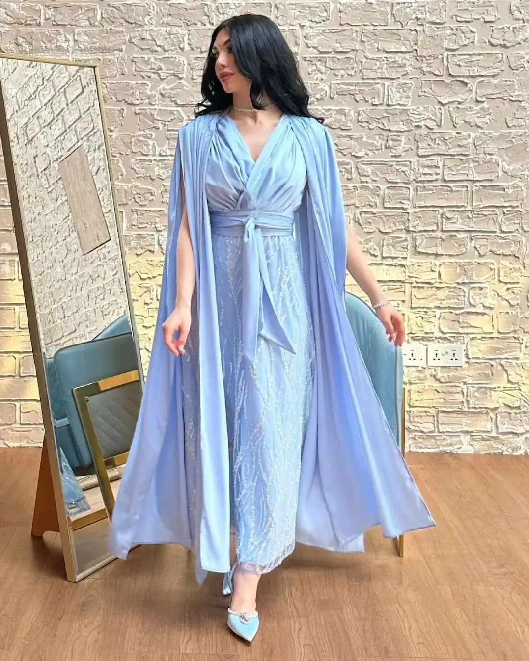 

V Neck Ankle Length Beadings Prom Dresses Regular Straps Sleeveless Evening Dresses Saudi Arabia Women's Formal Dress