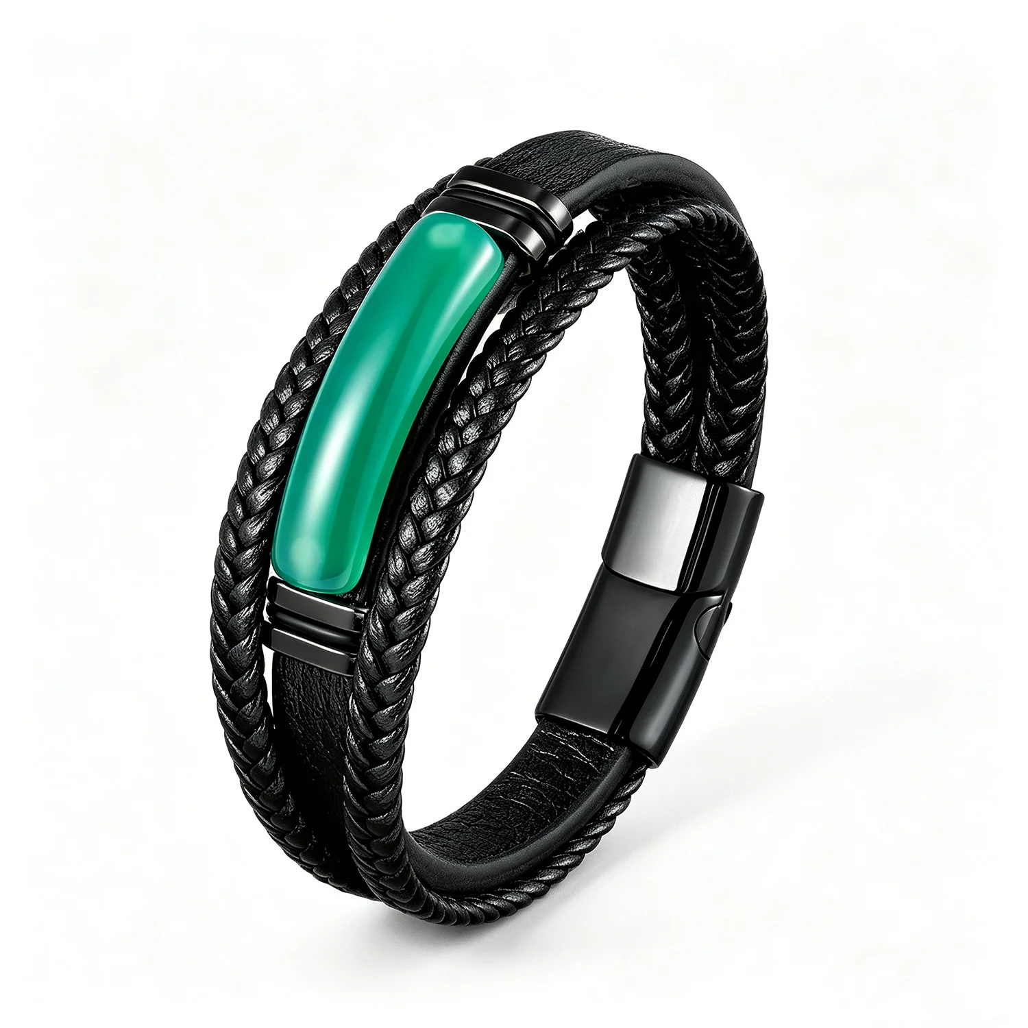 Naturkristallstein-Lederarmband für Männer – Geflochtenes Leder, Edelstahlverschluss, spiritueller Meditationsschmuck – Detail 10
