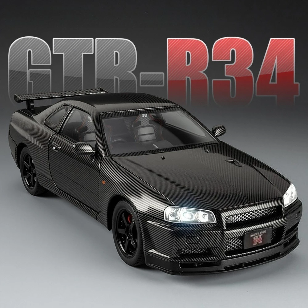 

1:24 GTR R34 Miniature Model Diecast Alloy Car Toy 4 Doors Opened Sound Light Pull Back Front Wheel Steering Vehice for Boy Gift