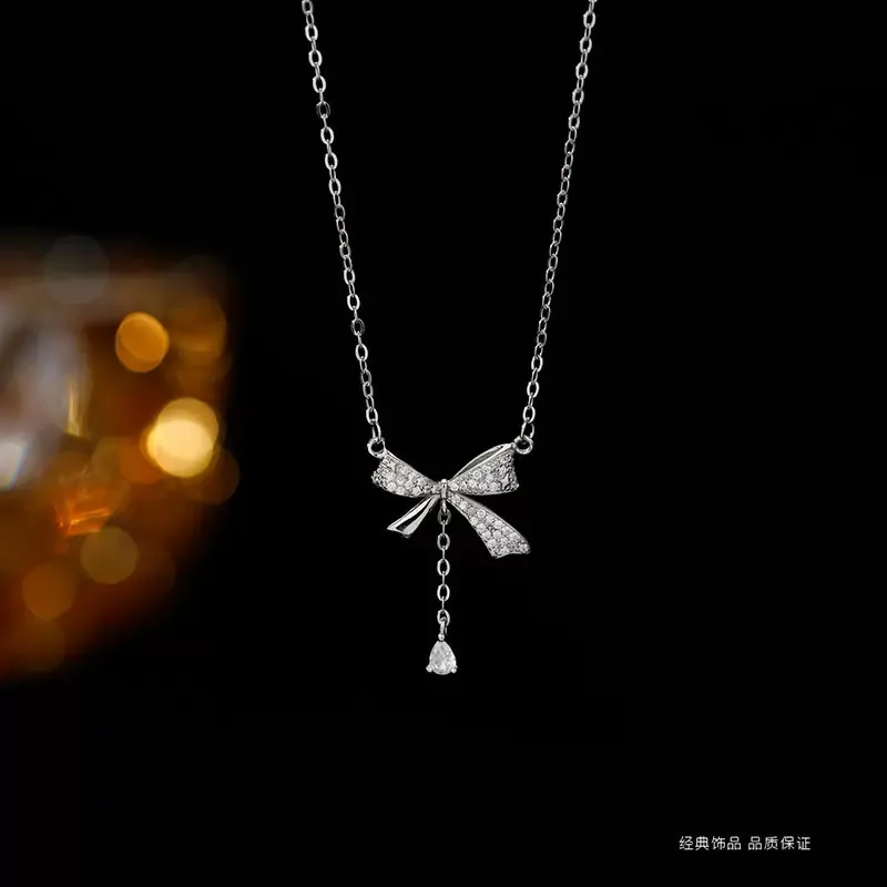 S925Sterling Silver Bow Necklace Female Accessories Light Luxury Minority All-Match Pendant Advanced Clavicle Chain Valentine's