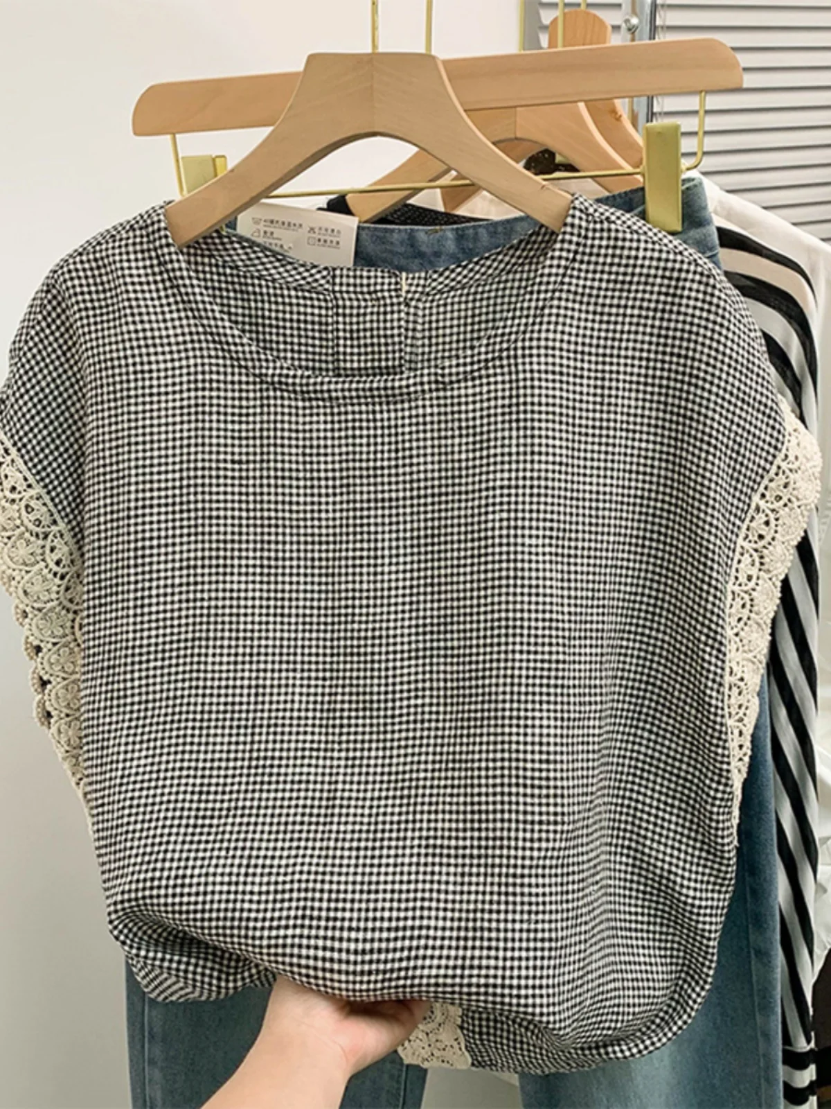 Dentelle épissure Svel rond Ne bouton unique femmes irt coupe ample été minceur vichy gilet haut trajet Sle