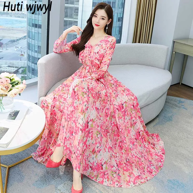 Floral Chiffon Pink Boho Beach Maxi Sundress Spring Autumn Women Fashion Ruffled Dress 2024 Elegant Bodycon Party Long Vestidos