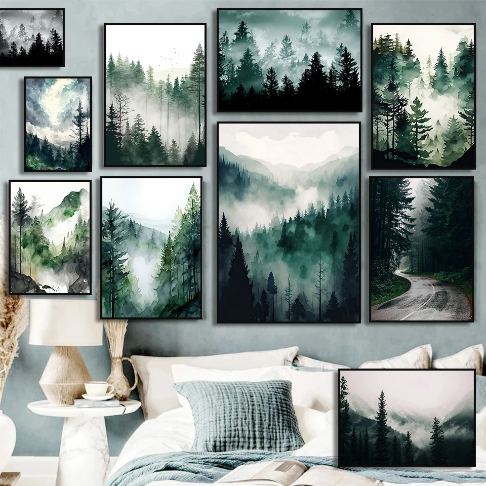 1pc frameless Canvas Painting Foggy Mountain Misty Forest Pine Sage Green Wall Art Canvas Painting Nordic Poster and Prints Wall