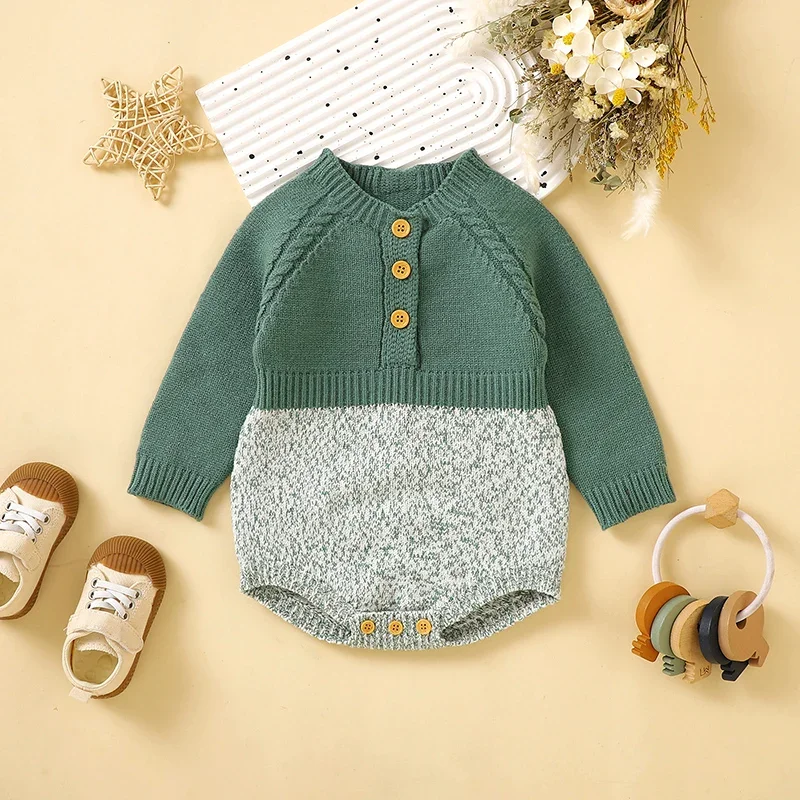 

0-18M Unisex Knitted Bodysuit - 3-Season Long-Sleeve Baby Jumpsuit