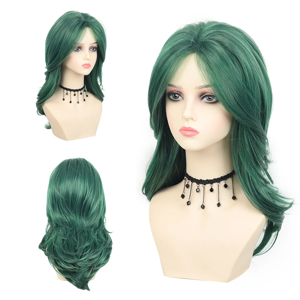 

19-дюймовый темно-зеленый синтетический парик для косплея, волнистый, натуральный, пышный, многослойный, подходит для женщин, для повседневной носки, вечеринок, ролевых игр, термостойкий