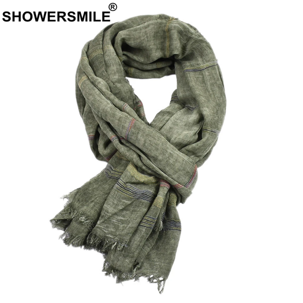 SHOWERSMILE Green Cotton Linen Men Scarves Autumn Winter Winter Accessories for Men Warm Long Fashion Brand Men Scarf Bufanda