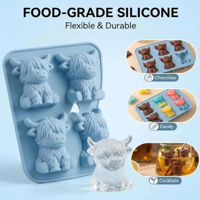 Highland Cow Ice Cube Mold Silicone Fondant Chocolate Candy Candle Mould Cake Mould Non-Stick Baking Tool DIY