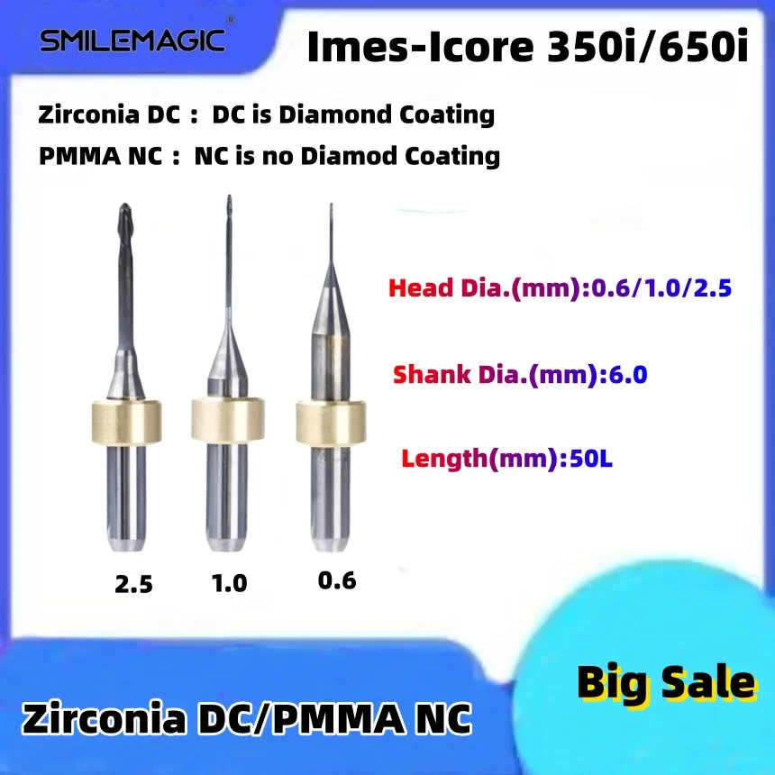 Imes Icore D6 350i 650i PMMA Milling Burs For Cad Caｍ PEEK Zirconia Shank D6 Milling Cutters For  Lab dentistry 0.6/1.0/2.5