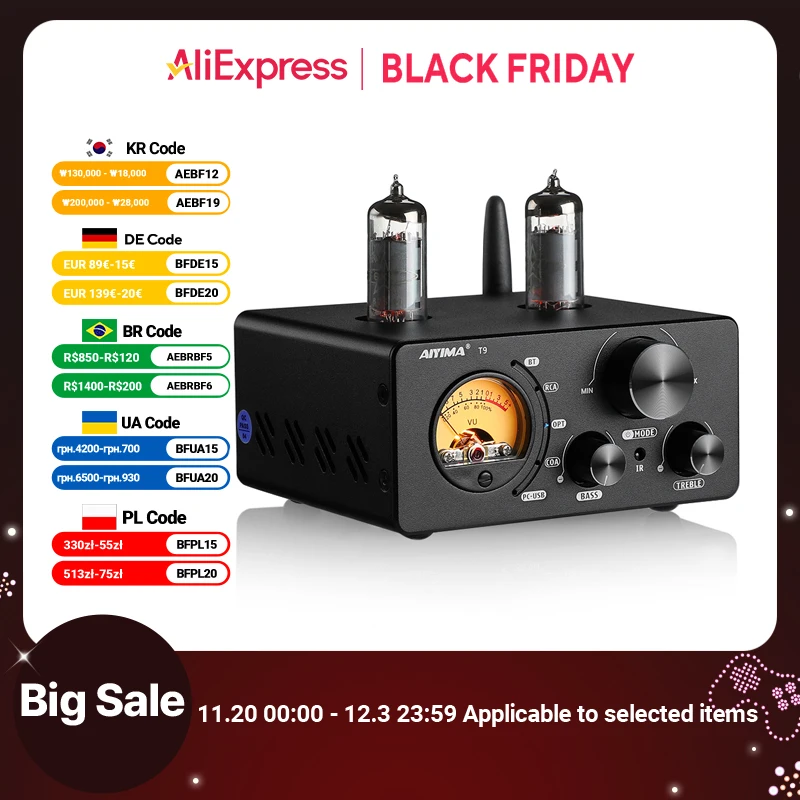 AIYIMA เสียง T9 บลูทูธ 5.0 สูญญากาศเครื่องขยายเสียง USB DAC สเตอริโอ COAX/OPT HiFi Home Audio Digital Amp w/VU Meter 100W