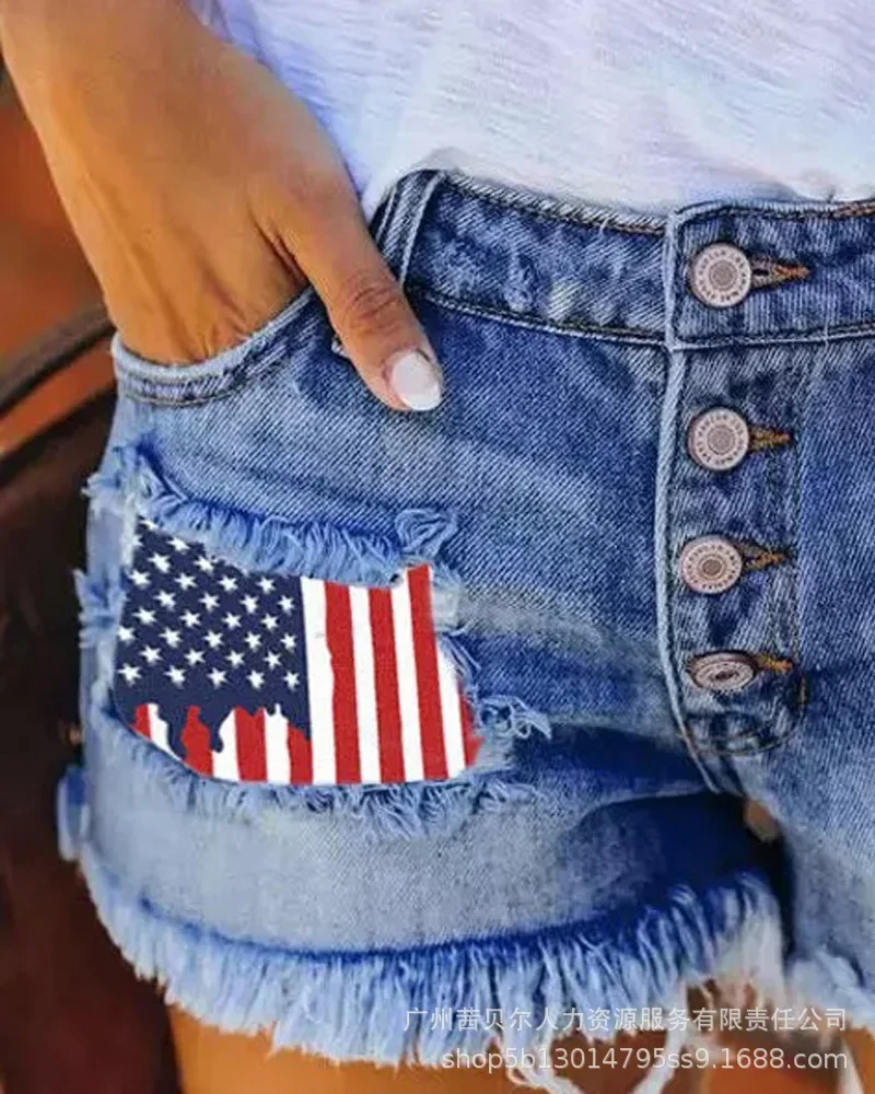 2023 Womens Jeans American Flag Patch Frayed Hem Denim Shorts for Women