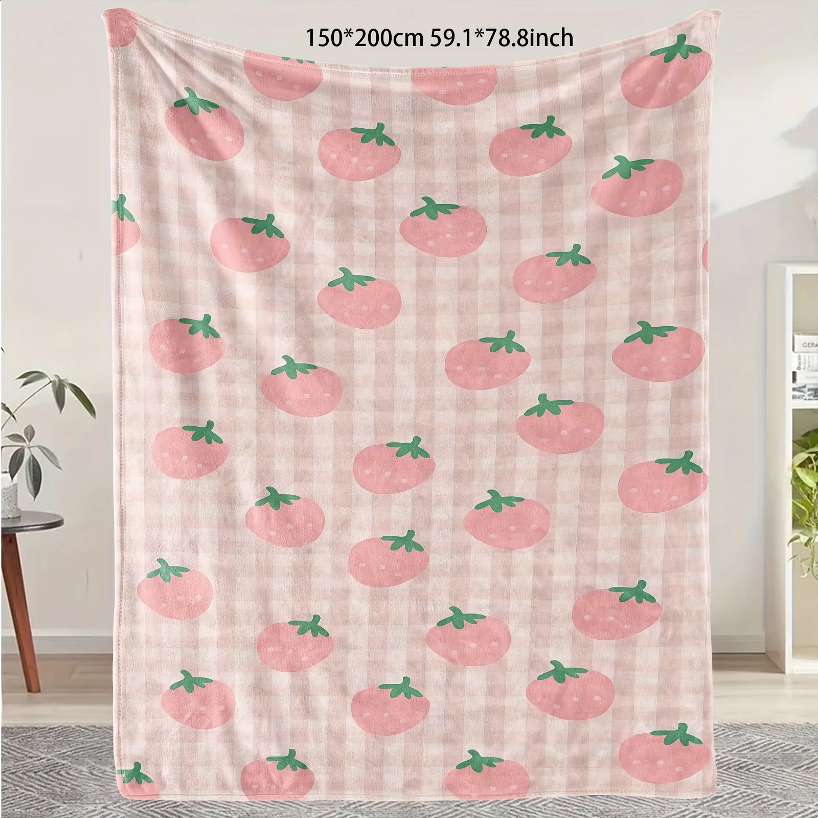 1pc Fluffy Throw Blanket, Pink Strawberry Print, Warm Blanket for Sofa Bedroom, Multifunctional Camping Blanket, Sweet Gift