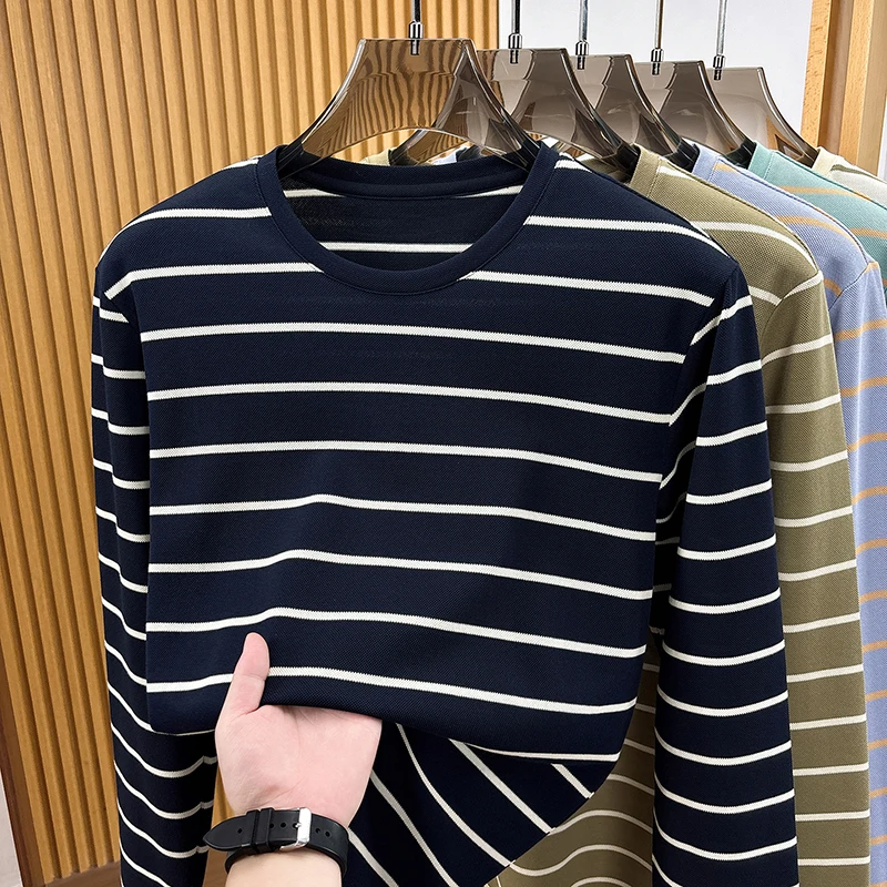 Light luxury striped long sleeve men's T-shirt round neck high-quality new trend spring autumn skin friendly comfort casual top