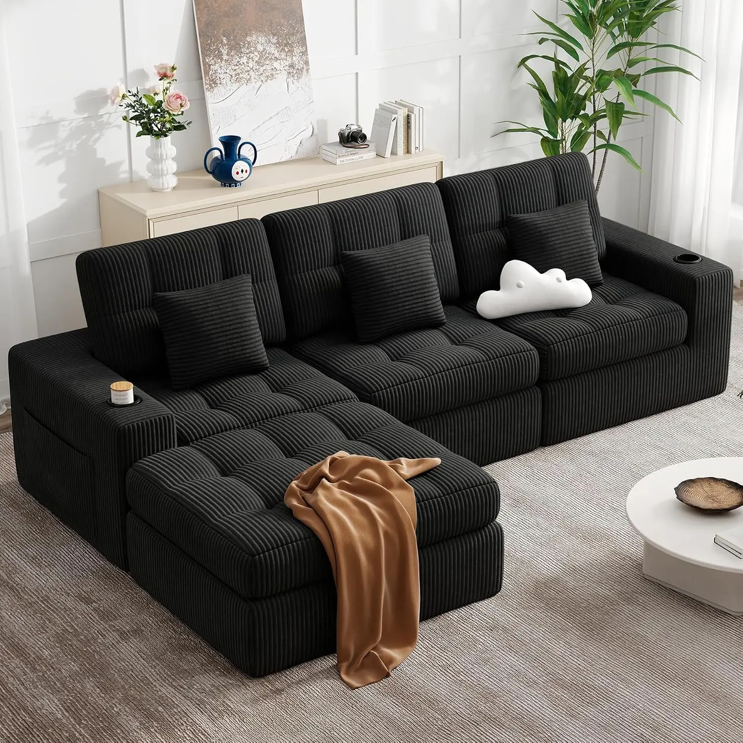 112" L Shaped Modern Cloud Boneless Couch, Black 1 PCS, Customized