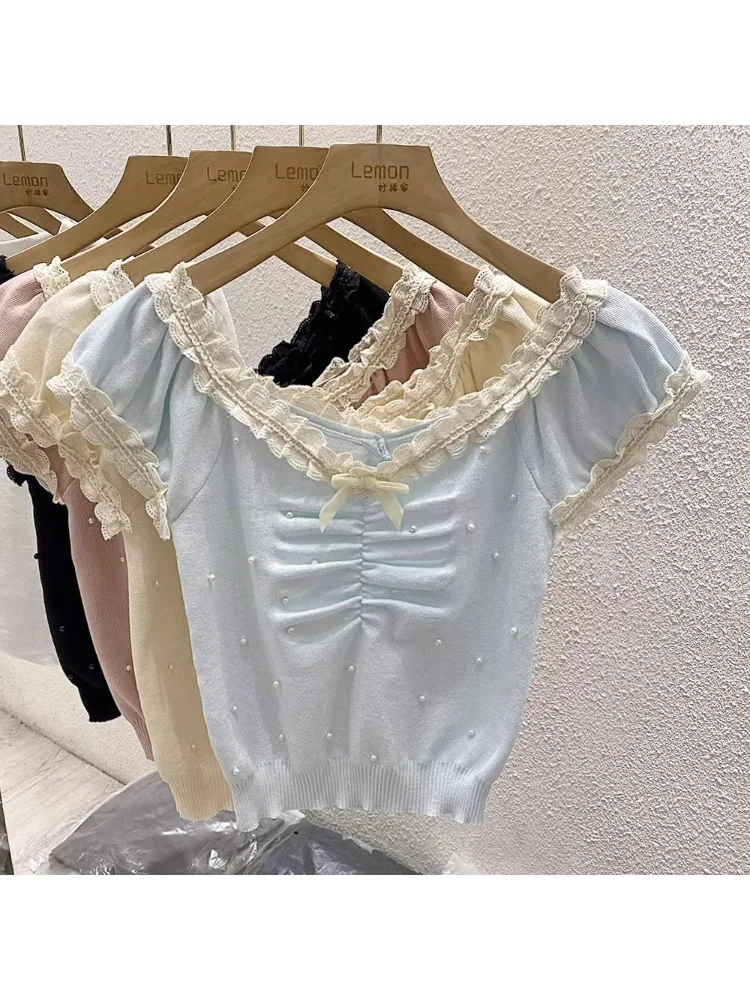 Summer Korean Sweet Lace Bow Knitted Top T-Shirt Women New Korean Edition Beaded V-Neck Bubble Sleeves Elastic Slim Fit Tees