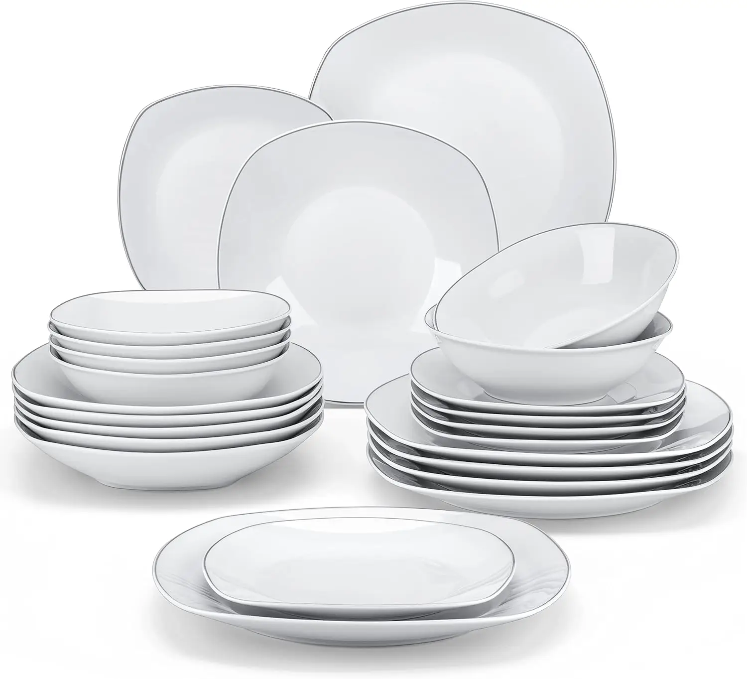 

Dinnerware Sets, 24 Piece Porcelain Square Dishes, White with Silver Rim Plates and Bowls Sets, Ceramic Dish Set for 6, Chip Res