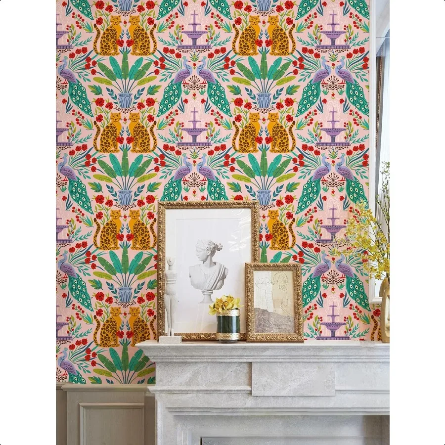 Tapete zum Abziehen und Aufkleben, Leoparden-Dschungel-Tier-Tapete für Vermietung, abnehmbare Boho-Blatt-Tapeten für Badezimmer, selbstklebend, C