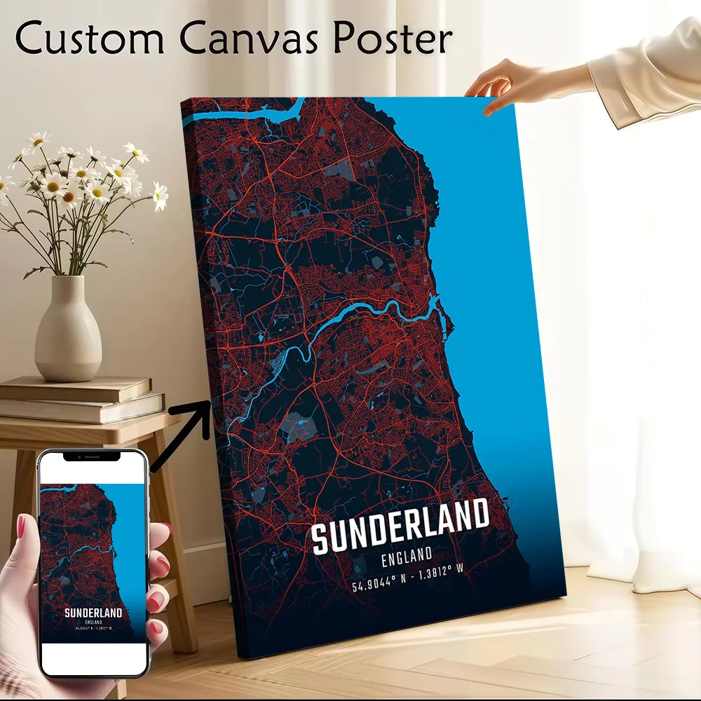 Sunderland England City Map Canvas Wall Arts Poster Customizable Pictures Printing for Room Home Decor Items Art Print Bedroom