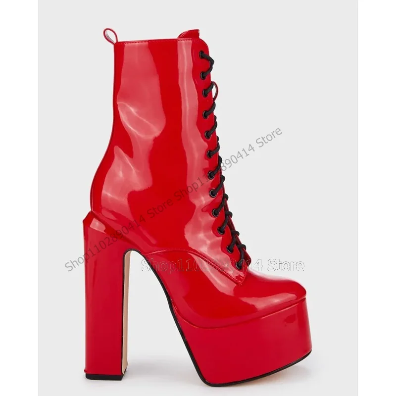 Red Patent Leather Cross Tied Platform Boots Side Zipper Women Shoes Chunky High Heels Novel Fashion 2023 Zapatos Para Mujere