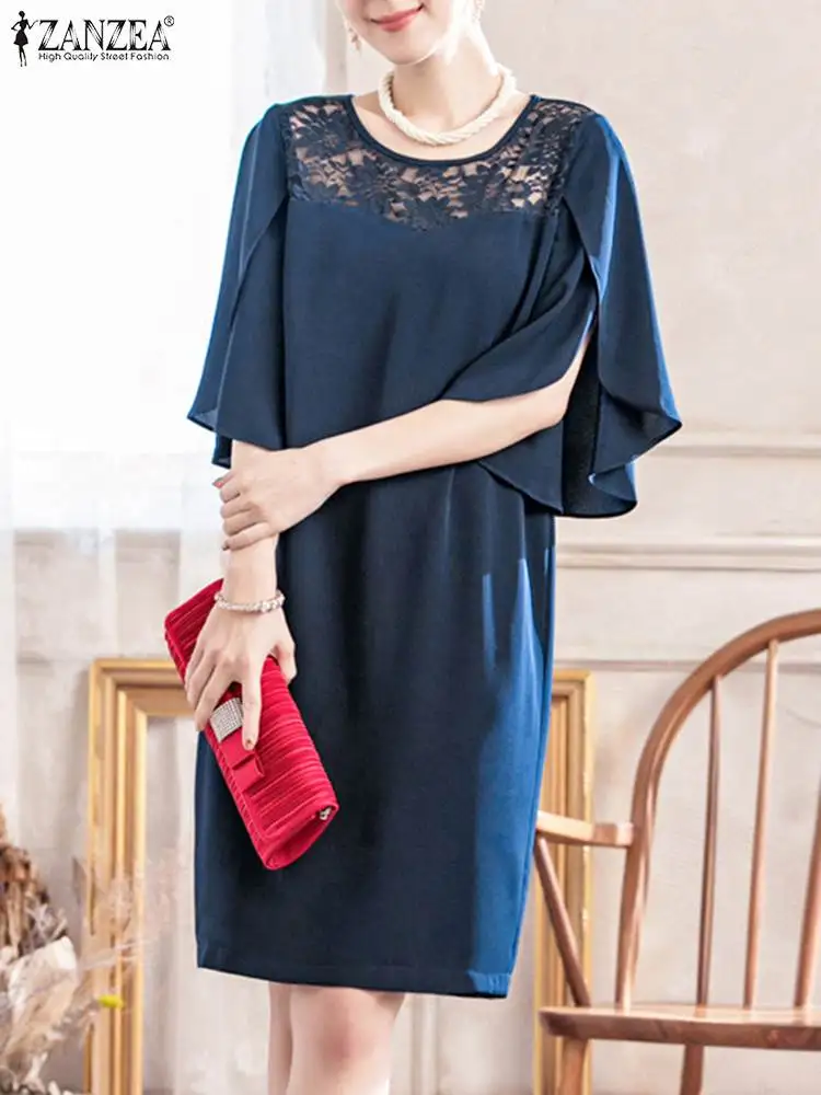 Zanzea elegantes Sommerkleid 2024 Sommer Spitze Nähte Kleid Mode gekräuselte halbe Ärmel Chiffon knielange Vestidos Frauen kleider