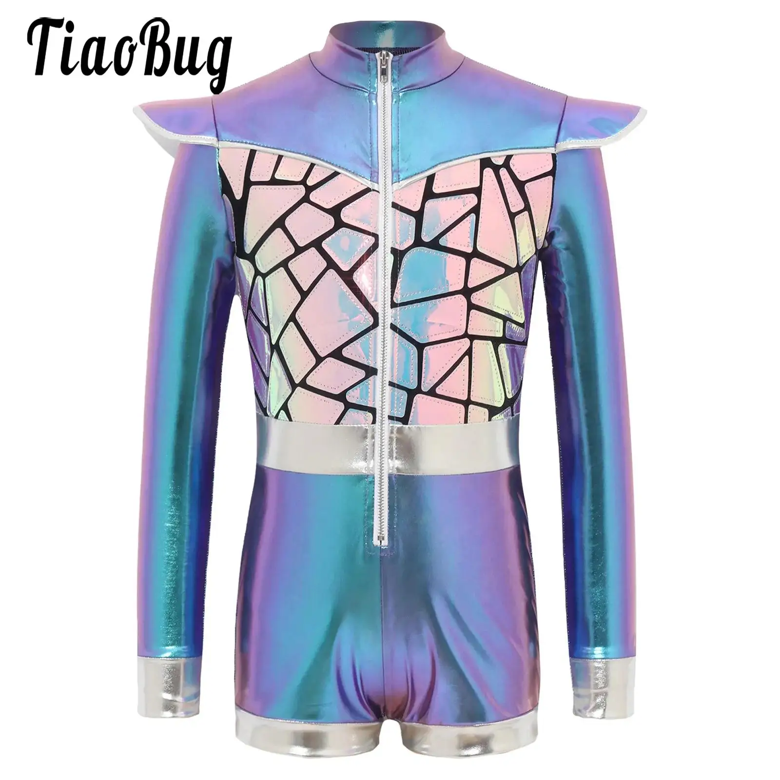 Kids Girls Outer Space Leotard Bodysuit Costume Halloween Theme Party Shiny Alien Flying Sleeve Jumpsuit for Festival Event
