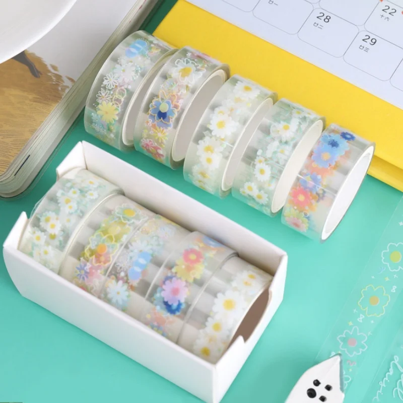 5 Rolls/Box Vintage Floral Tape Transparent PET Material Decorative Tape Gift Decorative Tape DIY Photo Album Card