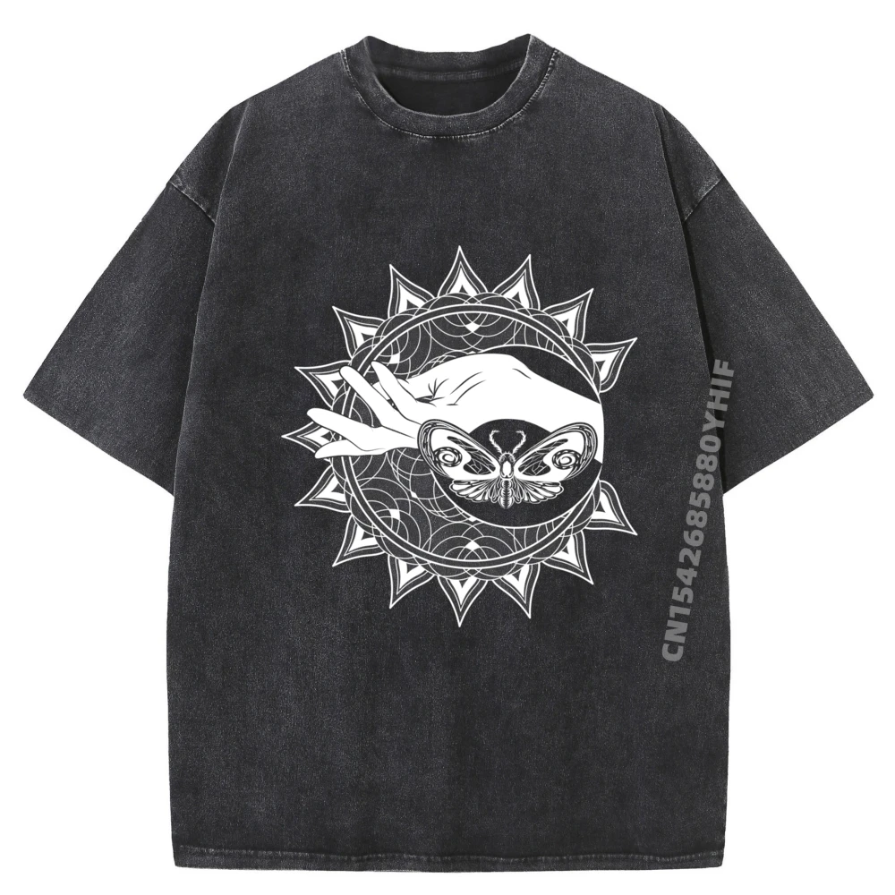 

Graphic Tees Hamsa Hand Celestial Body Butterfly Crescent Moon Vintage Washed T Shirts Mens Printed Tops